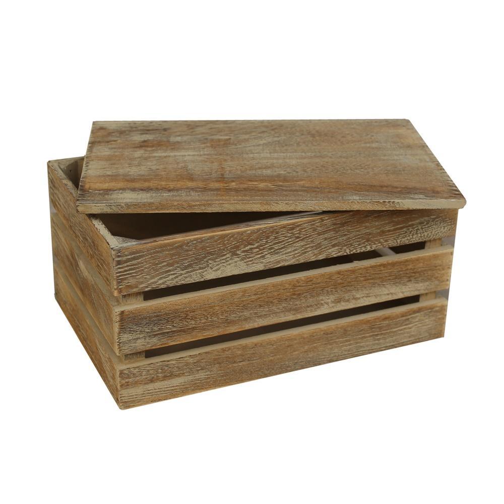 Oak Effect Slatted Lidded Wooden Storage Box
