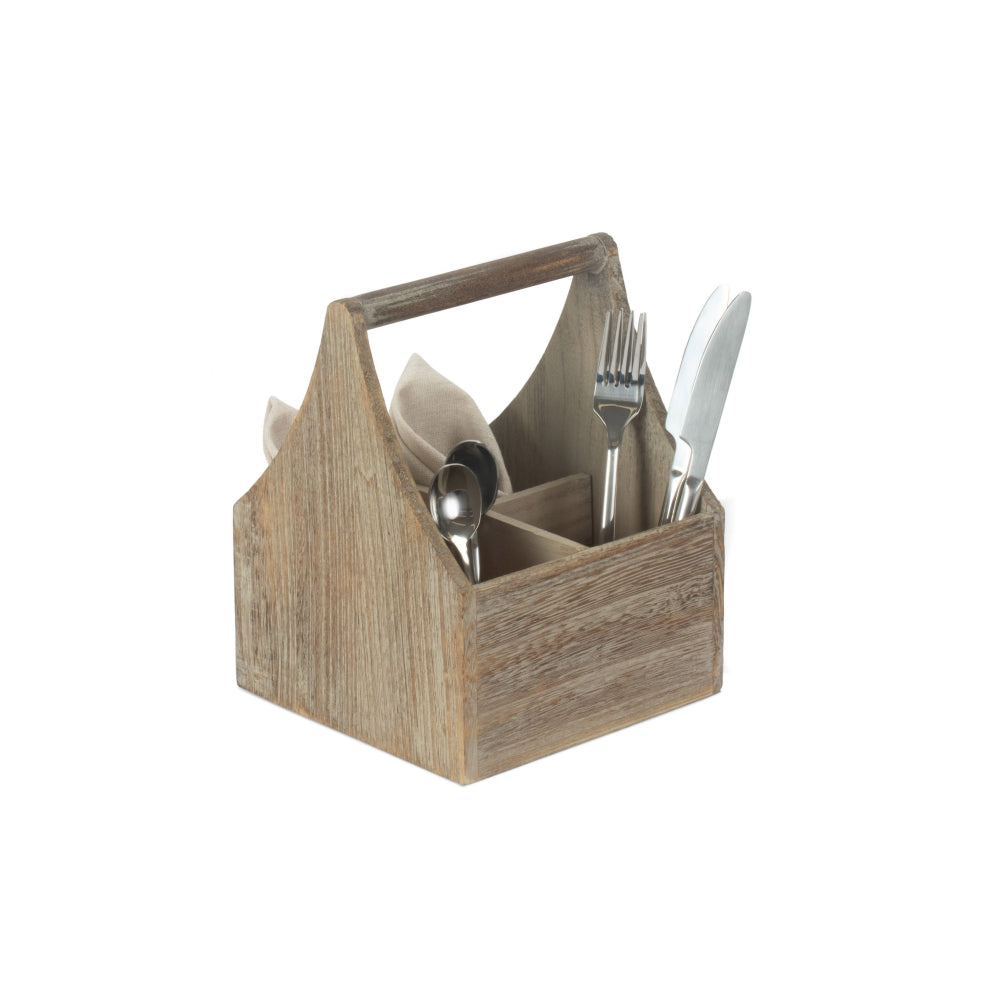 The Willow Basket Oak Effect Wooden Square 4 Section Cutlery Holder
