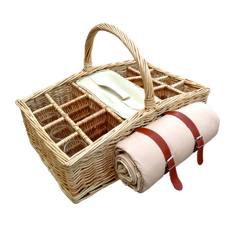 The Willow Basket 6 Bottle Wicker Picnic Basket with Glasses and Blanket