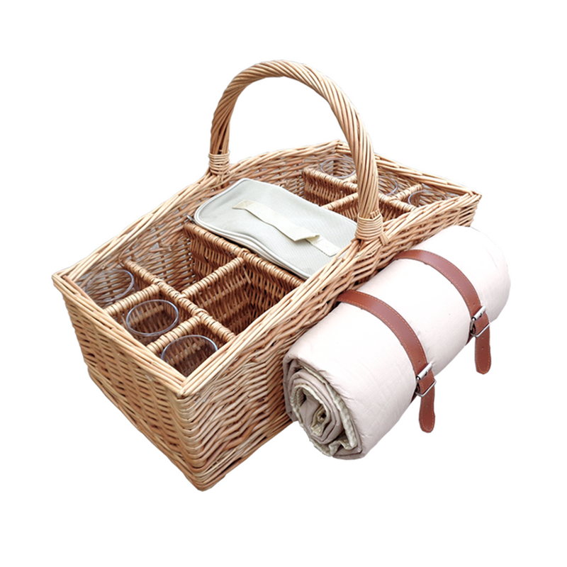 The Willow Basket 4 Bottle Wicker Picnic Basket with Glasses and Blanket