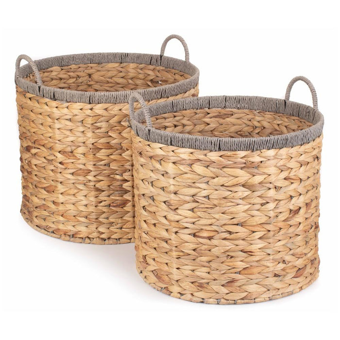 The Willow Basket Round Water Hyacinth Basket With Grey Rope Border