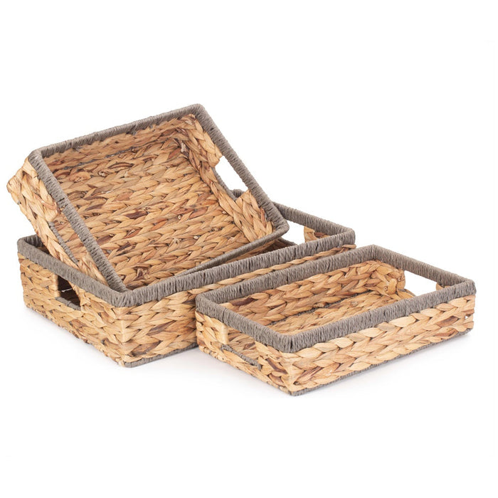 The Willow Basket Shallow Rectangular Water Hyacinth With Grey Rope Border Storage Basket