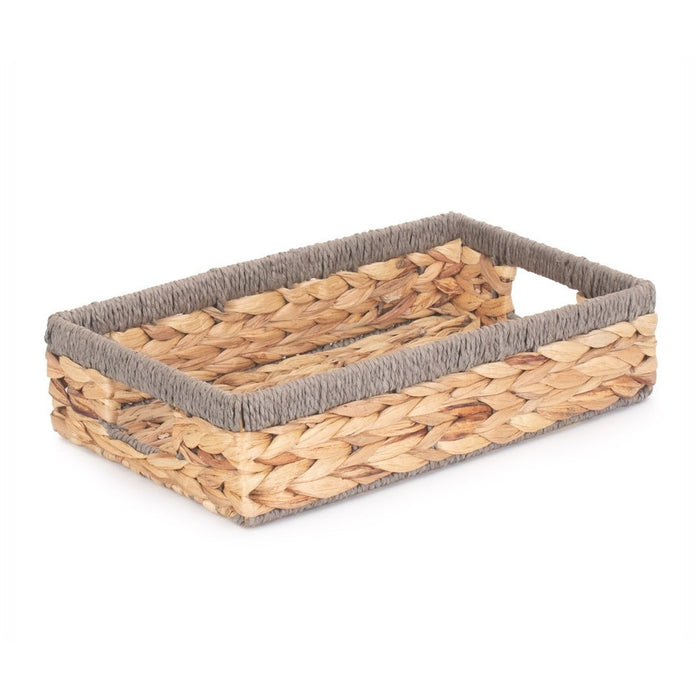 The Willow Basket Shallow Rectangular Water Hyacinth With Grey Rope Border Storage Basket