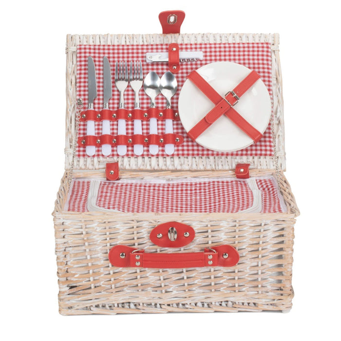 The Willow Basket Red and White Gingham 2 Person Fitted Wicker Picnic Basket