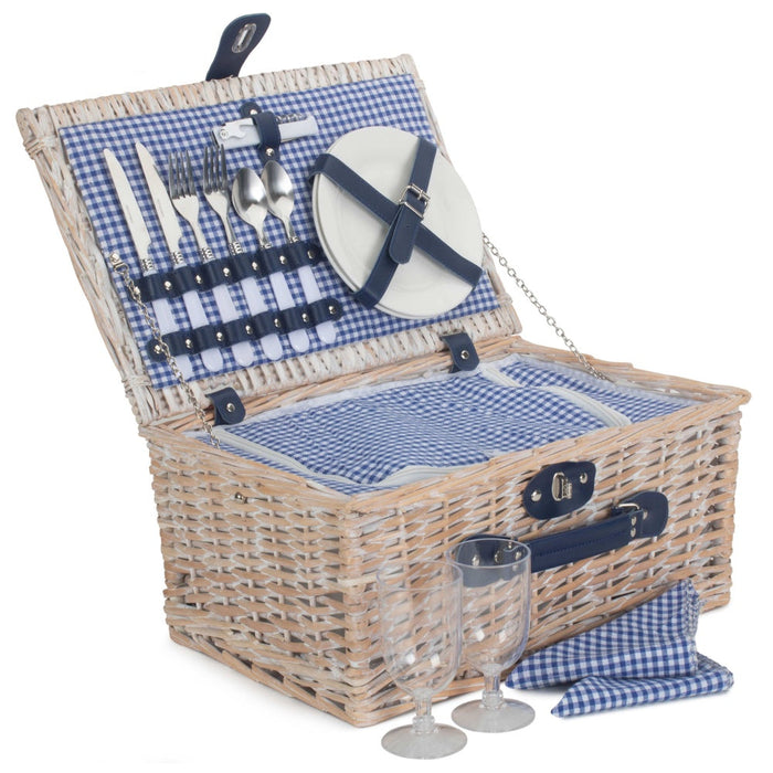 Blue and White Gingham 2 Person Fitted Wicker Picnic Basket