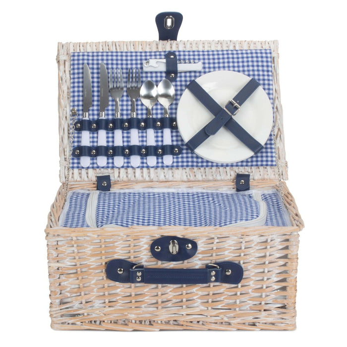 The Willow Basket Blue and White Gingham 2 Person Fitted Wicker Picnic Basket