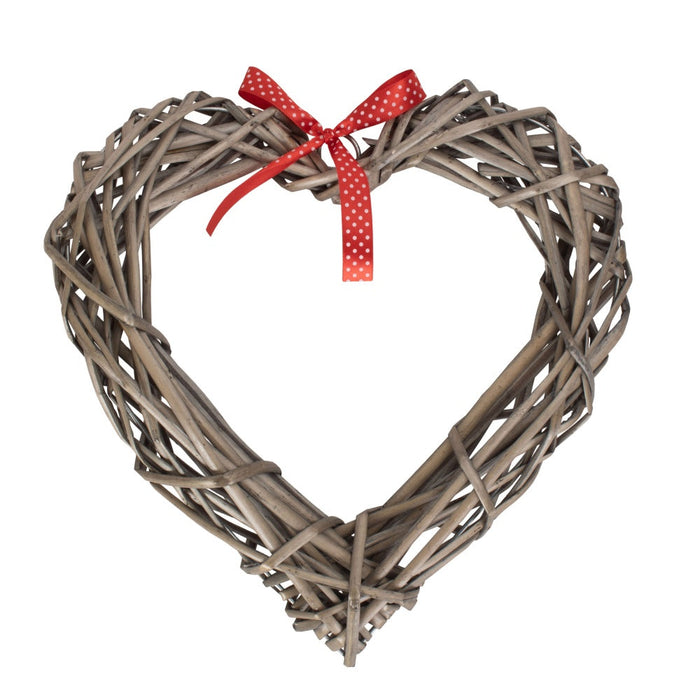 The Willow Basket Small Heart Wicker Wreath with Red Spotty Ribbon