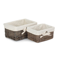 The Willow Basket Set of 2 Antique Wash Finish Cotton Lined Willow Tray