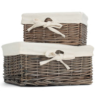 The Willow Basket Set of 2 Antique Wash Finish Cotton Lined Willow Tray