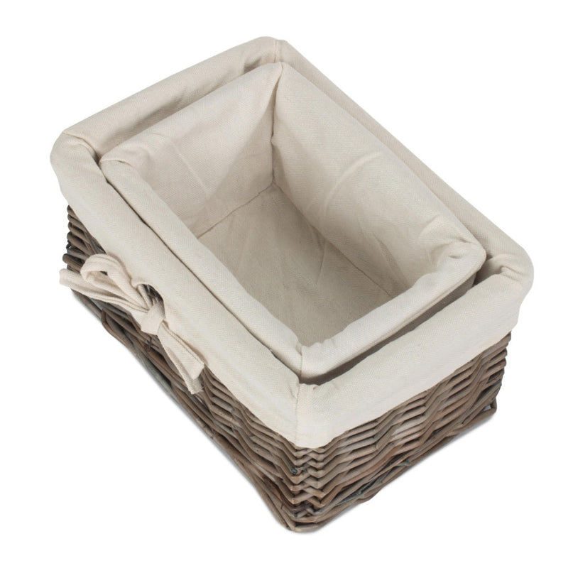 The Willow Basket Set of 2 Antique Wash Finish Cotton Lined Willow Tray