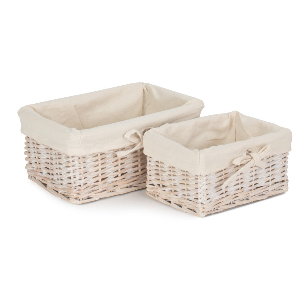 The Willow Basket Set of 2 White Wash Finish Cotton Lined Willow Tray
