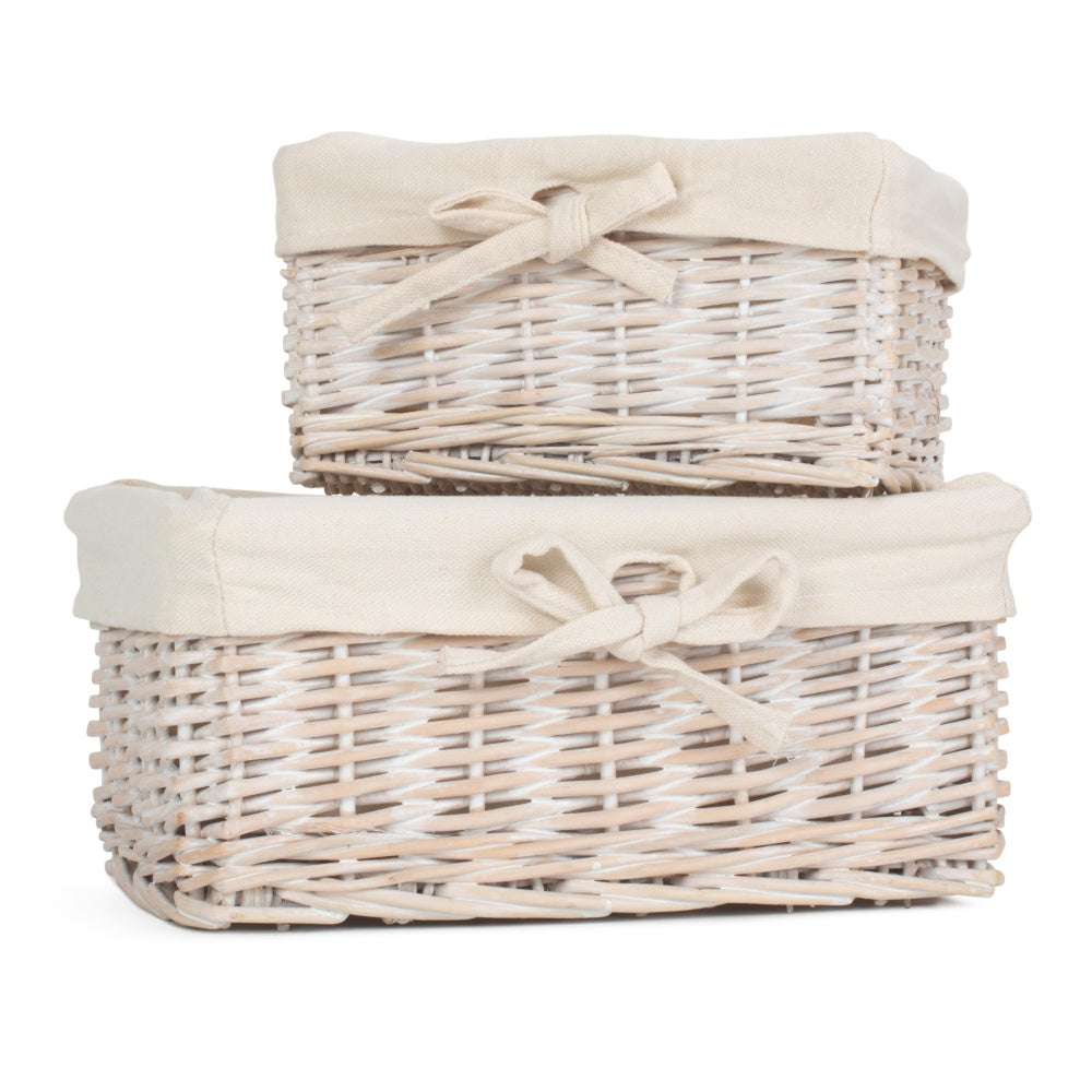 The Willow Basket Set of 2 White Wash Finish Cotton Lined Willow Tray