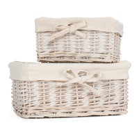 The Willow Basket Set of 2 White Wash Finish Cotton Lined Willow Tray