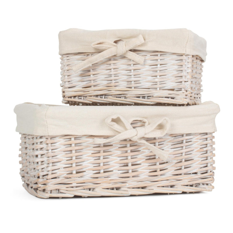 The Willow Basket Set of 2 White Wash Finish Cotton Lined Willow Tray